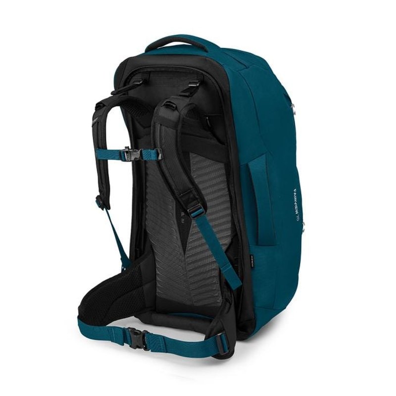 Baksida av teal Osprey Fairview 70 reseryggsäck med ventilerande black mesh-ryggssystem