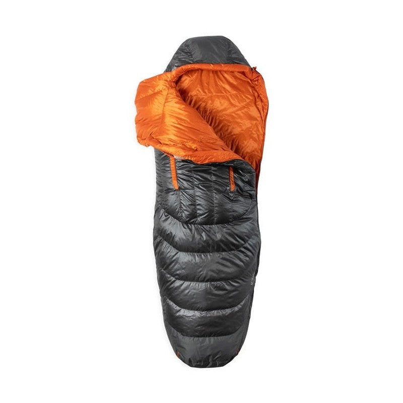 Öppen huva på mörkgrå NEMO Disco sovsäck som visar orange inre fyllning