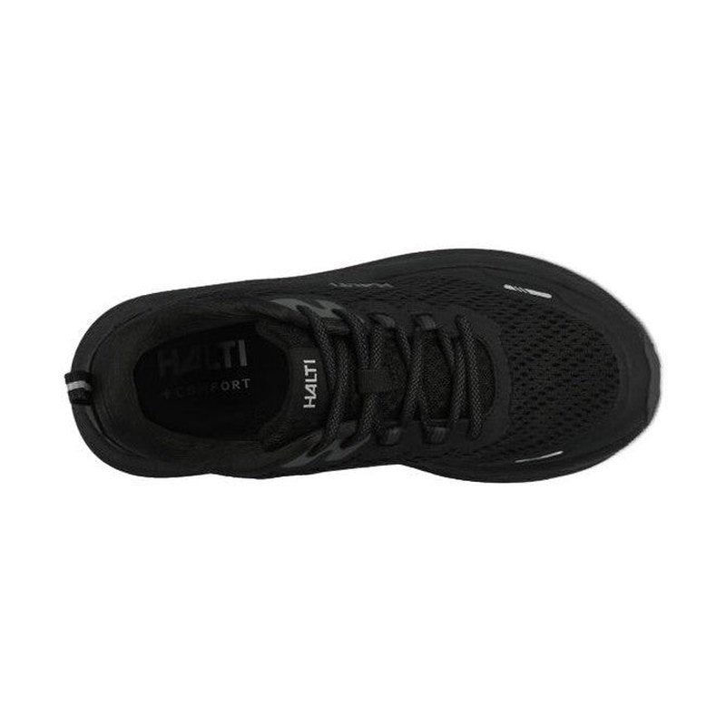 Toppsikt på svarta Halti sneakers med stickad ovandel och HALTI-logotyp