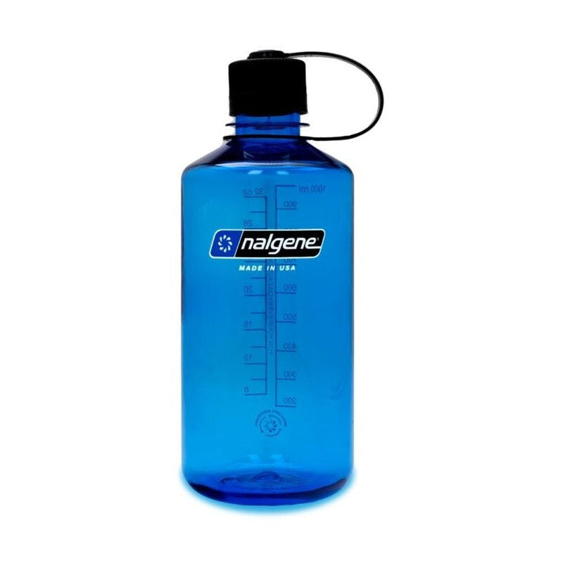 Nalgene 1L vattenflaska blå med svart skruvlock och MADE IN USA