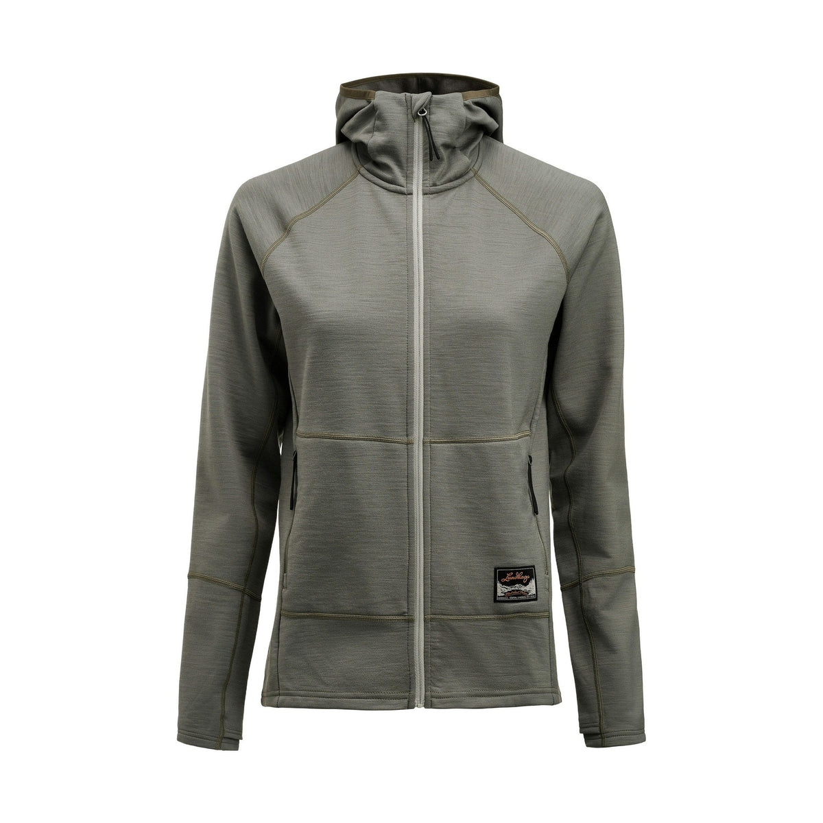 Grågrön merinohoodie med kontrasterande sömnader och patch