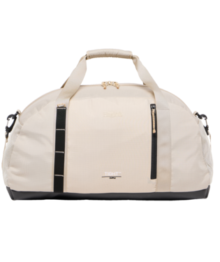 Ljusbeige Tight Duffel 50 duffelväska med svarta vertikala remmar och handtag