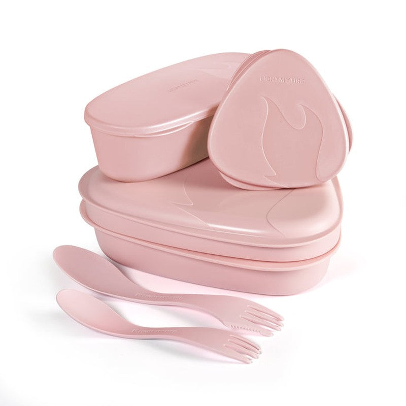Ljusrosa Lunchkit 2.0 med kåsor, stapelbara behållare och sporkar