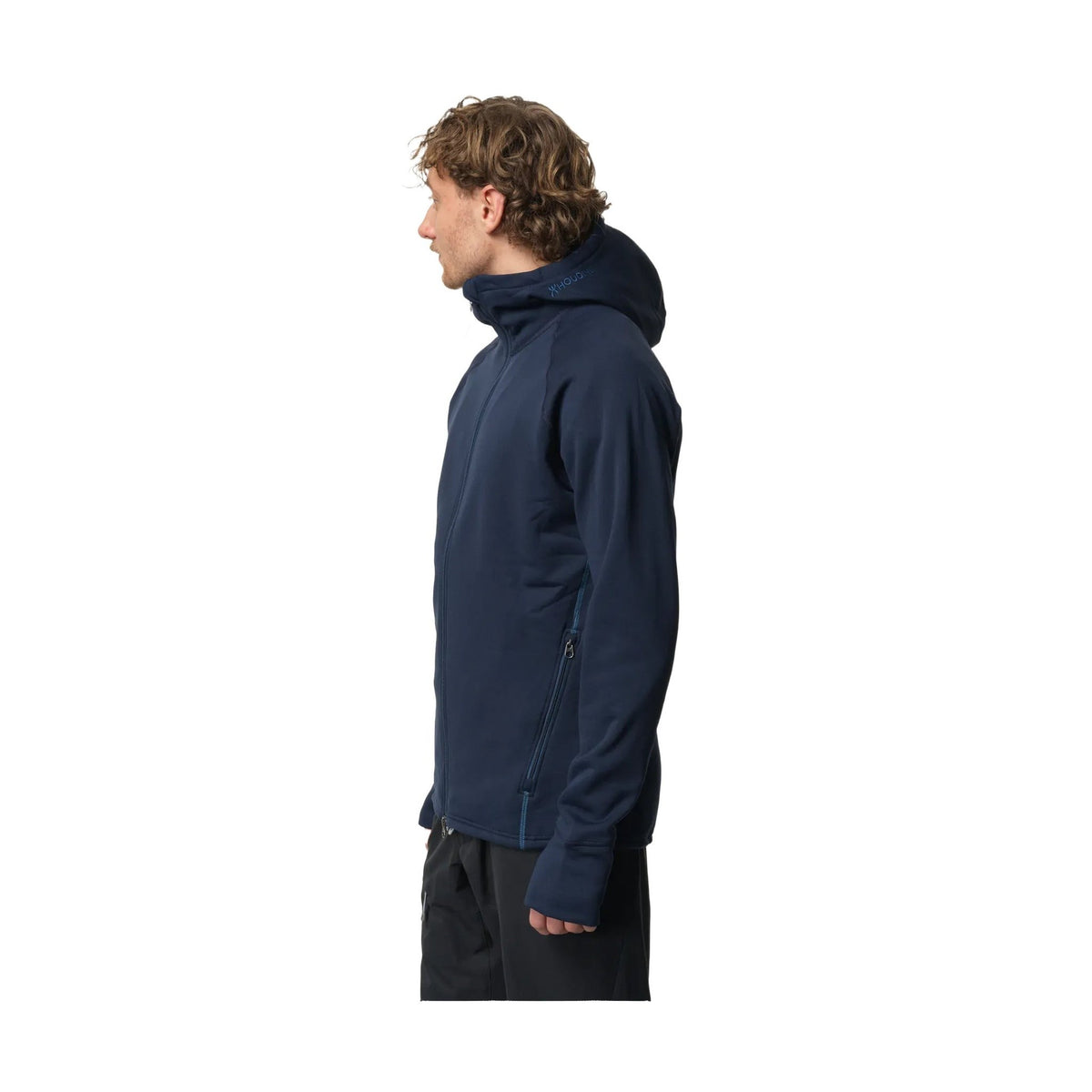 Mörkblå Houdini Power Houdi i Polartec fleece med huva och dragkedja, profilvy