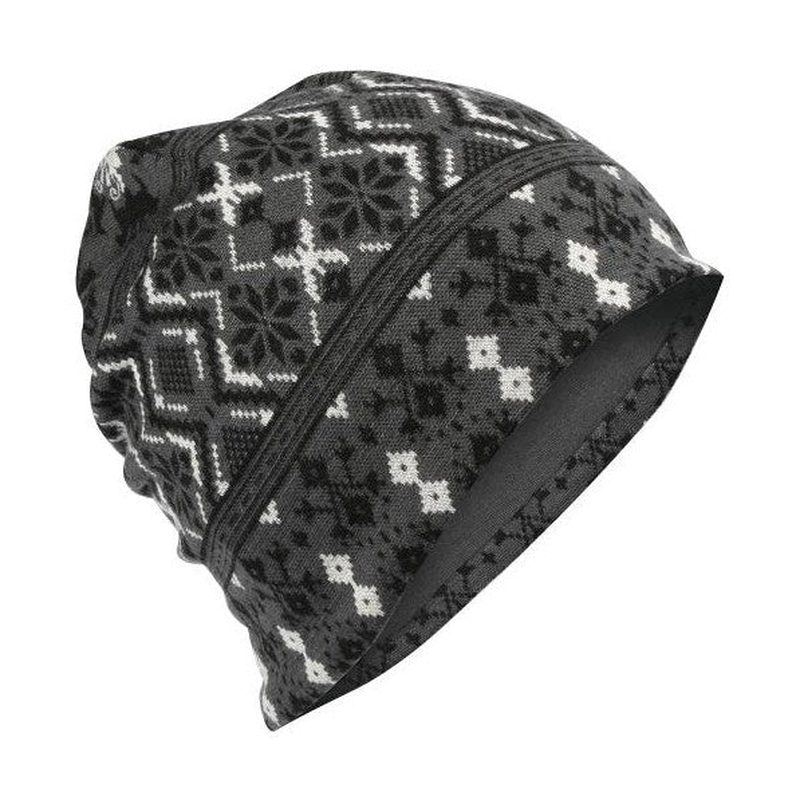 Detail view of dark grey merino wool beanie with white geometric cross motif