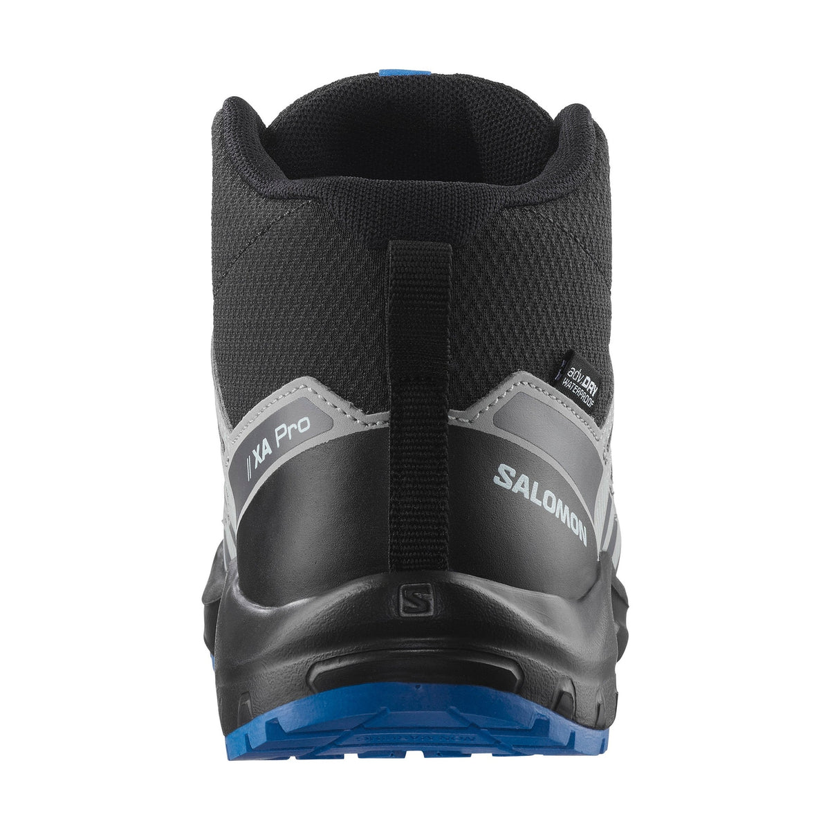 Baksida av Salomon XA PRO V8 Mid Junior med adriDRI WATERPROOF etikett