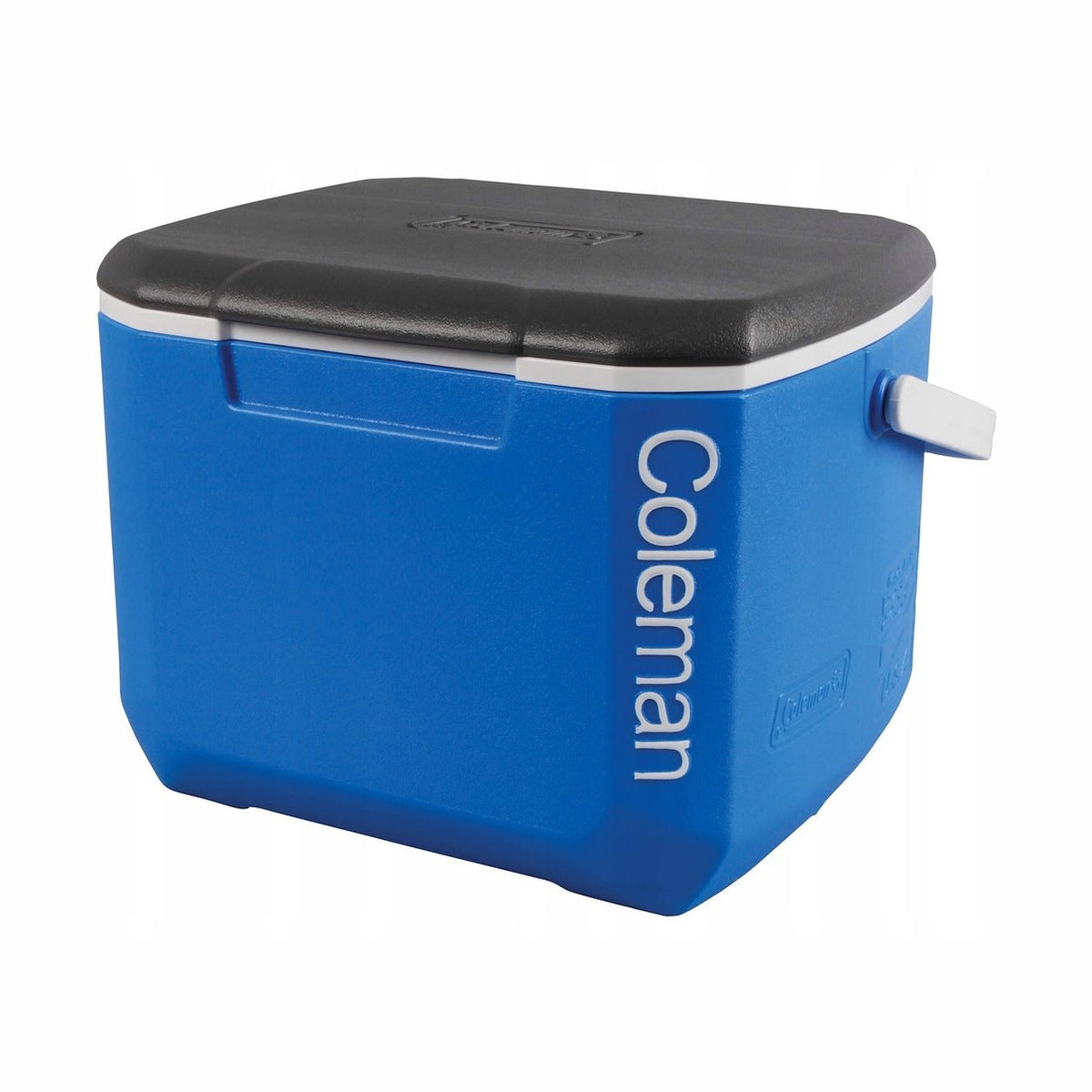 Blå Coleman Performance Cooler kylbox med svart lock och vitt handtag i sidovy
