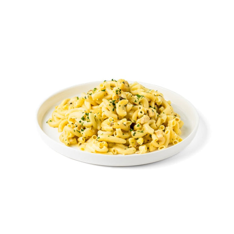 Krämig pasta med kyckling och persilja i vit skål