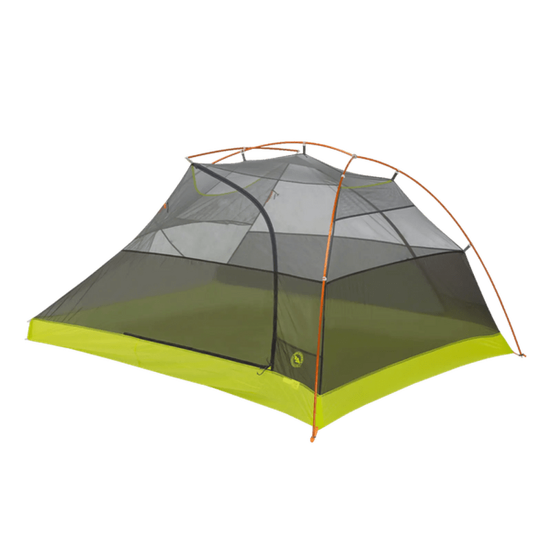Inre konstruktion av Big Agnes Tiger Wall UL3 tält med orange bågar och limegrön botten utan yttre klocka