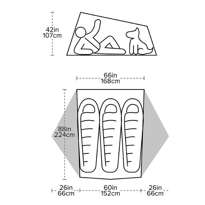 Teknisk ritning av Big Agnes Tiger Wall UL3 tält med mått i inch/cm och planvy för tre sovsäckar