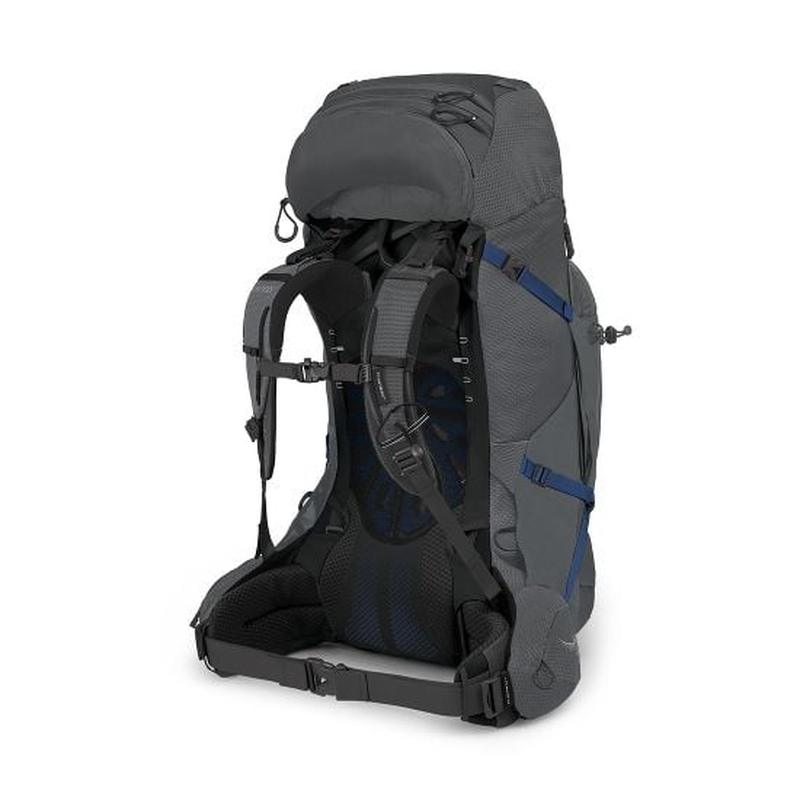 Osprey Aether Plus 70 vandringsryggsäck bakvy med blått mesh-stödssystem