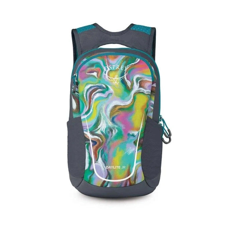 Osprey Daylite JR ryggsäck framsida med marängmönster och teal sidofickor