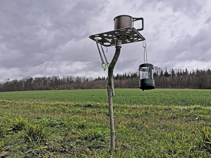 Campingbord monterat på trärot i skogsmiljö