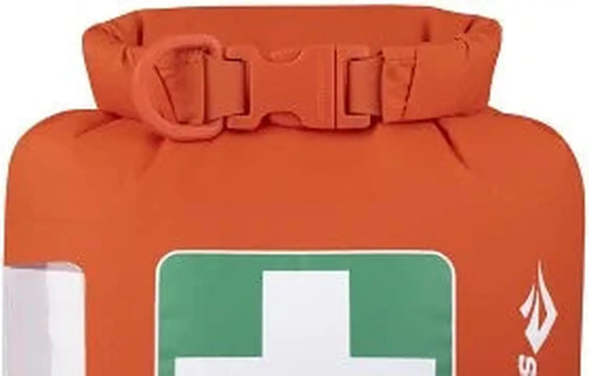 Top view of orange dry bag with black roll closure mechanism