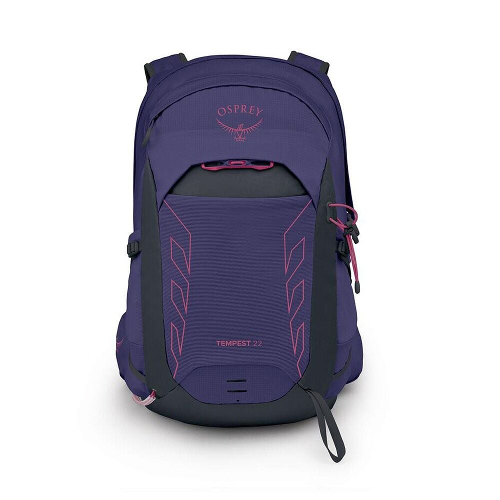 Frontvy av ljusblå Osprey Tempest 22 ryggsäck med rosa geometriskt mönster