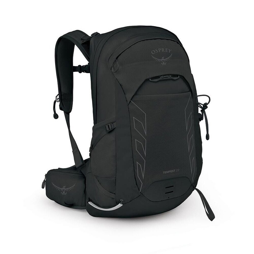 Svart Osprey Tempest 22 ryggsäck i trekvartsprofil med gråa designlinjer