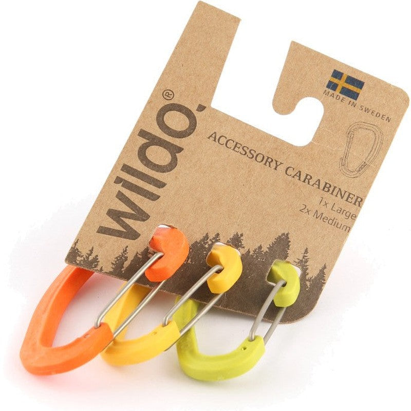 Wildo karbinhakar i orange, gul och limegrön färg med rostfria byglar