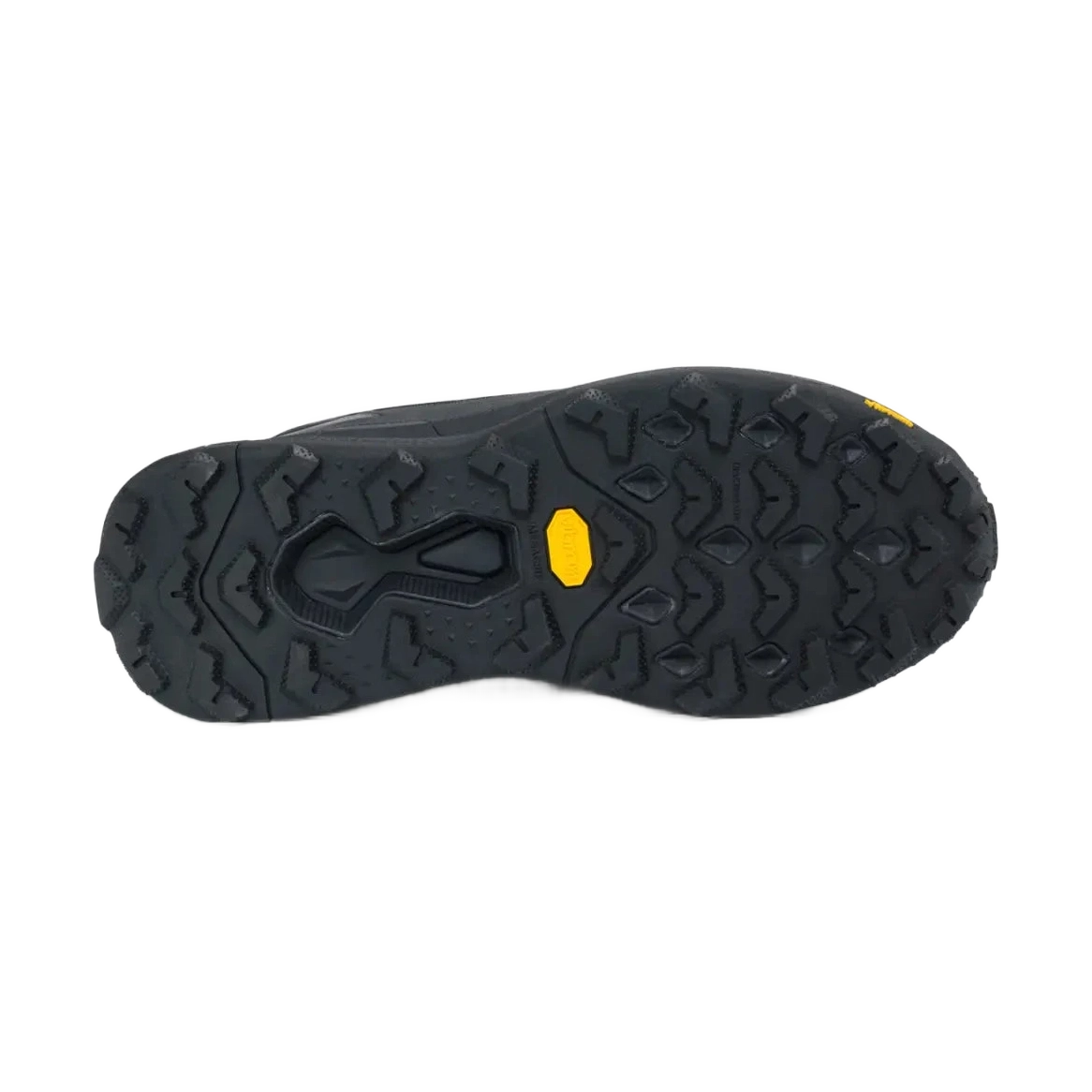 Svart vinterkänga med grov Vibram-gummisula och gul detalj