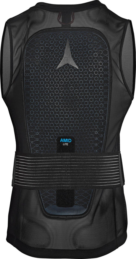 Baksida av svart mesh-ryggskyddsväst med cirkulärt mönster och AMID LITE-logotyp