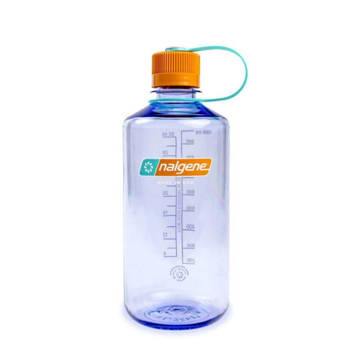 Nalgene 1L vattenflaska klarblå med orange lock och handtag