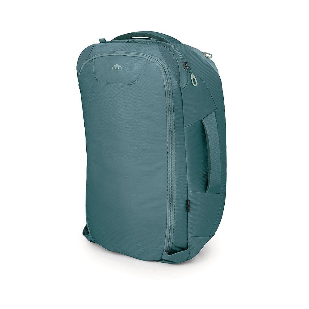 Framsida av Osprey Farpoint 40 med dragkedja och kabinikoner