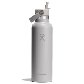 Ljusgrå Hydro Flask vattenflaska med Flex Straw-locke och tydlig logotyp